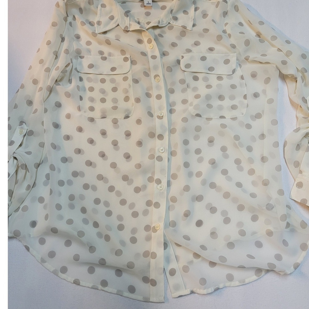 Old Navy Womens Large Cream Polka Dot Chiffon Button Down Roll Tab Sleeve 2413